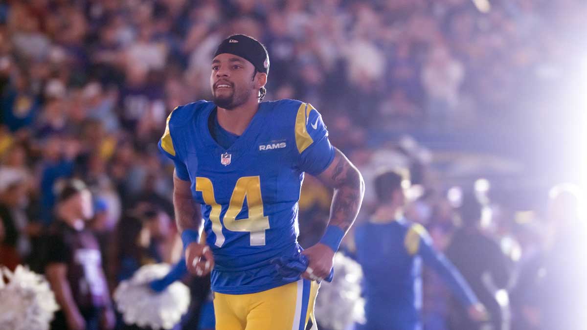 January 13, 2025; Glendale, AZ, USA; Los Angeles Rams cornerback Kobe Durant (14) against the Minnesota Vikings during the NFC Wild Card game at State Farm Stadium. Mandatory Credit: Mark J. Rebilas-Imagn Images