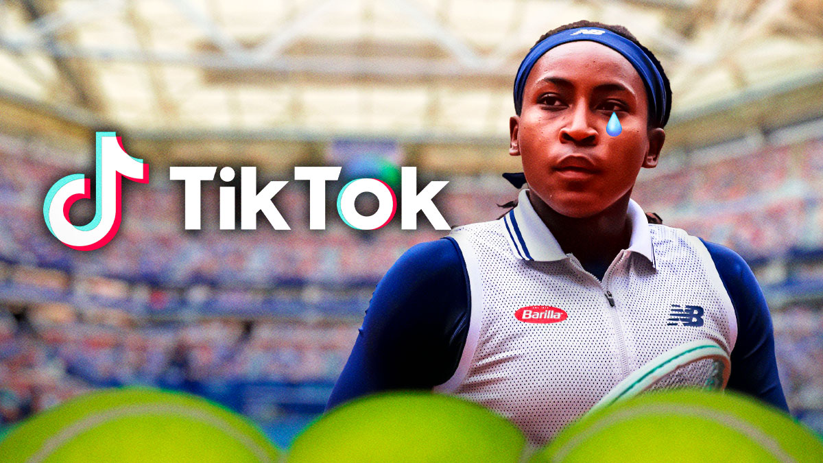 Women's tennis player Coco Gauff with a sad expression on her face and a fake tear, and the TikTok app logo