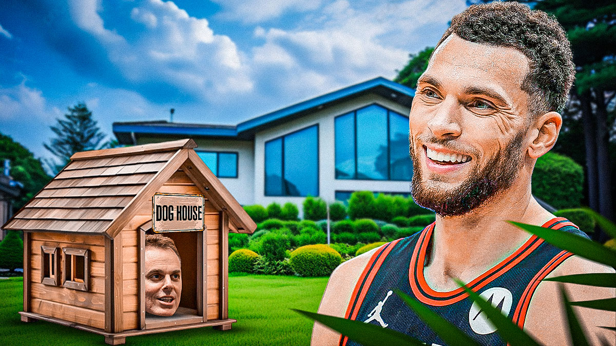 A picture of a dog house, but Colin Cowherd's face is inside the dog house, with Bull guard Zach LaVine next to him and smiling