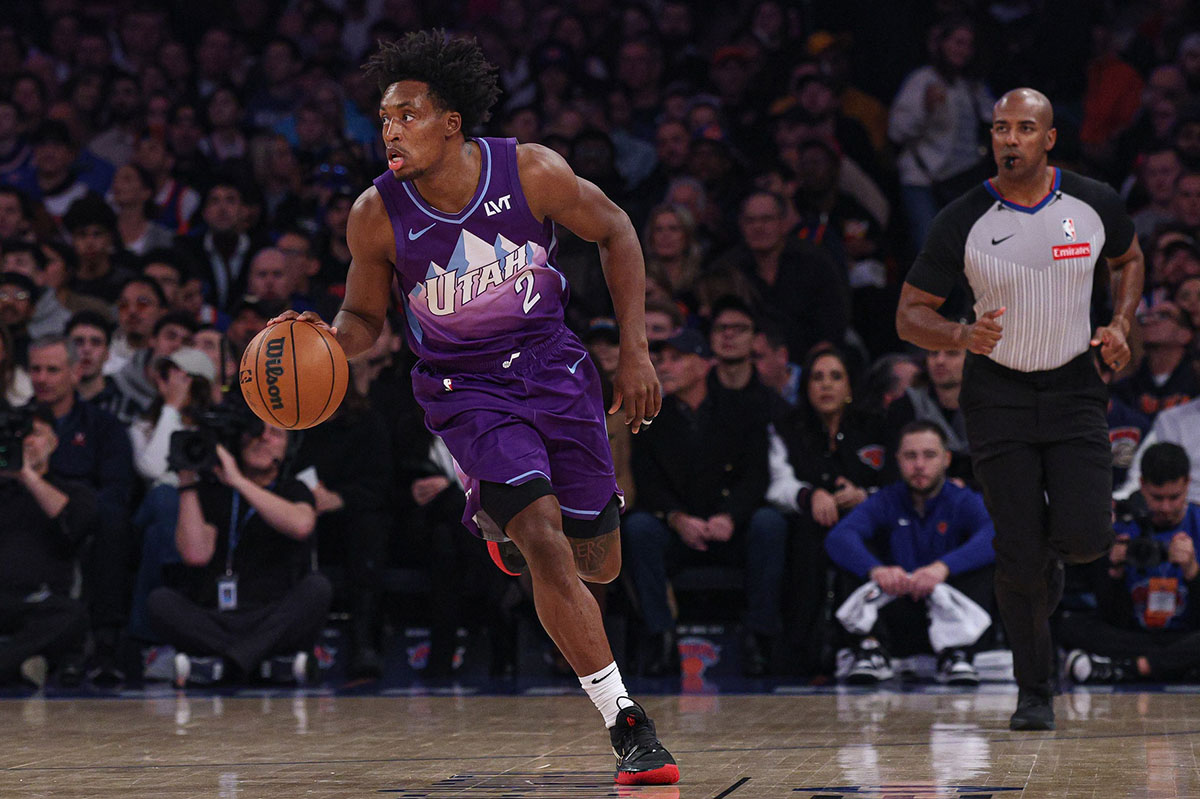 Utah Jazz guard Collin Sexton (2) dribbles up court during the first half against the New York Knicks at Madison Square Garden. 