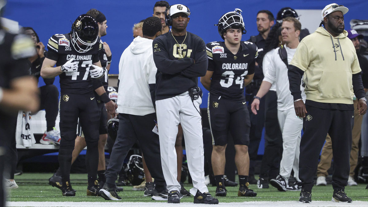 Colorado Buffaloes head coach Deion Sanders reacts from the sideline during the third quarter against the Brigham Young Cougars at Alamodome.