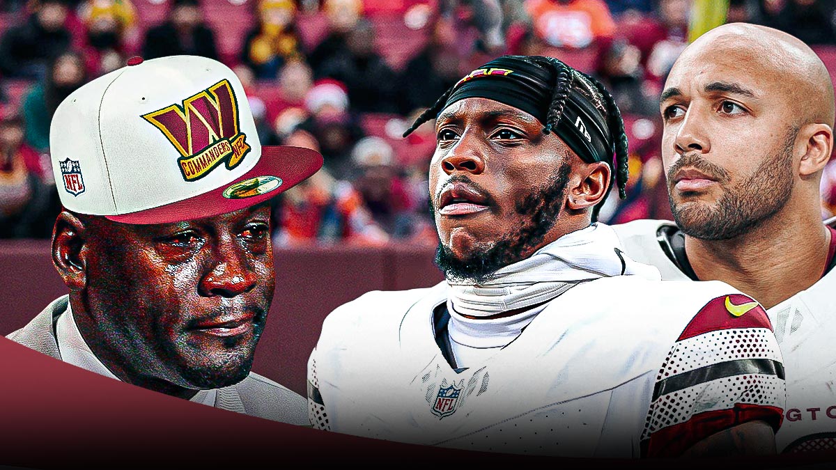 Background Lincoln Financial Field. One one side, Commanders RB Austin Ekeler and WR Dyami Brown looking upset. On other side, this face with Commanders hat on.