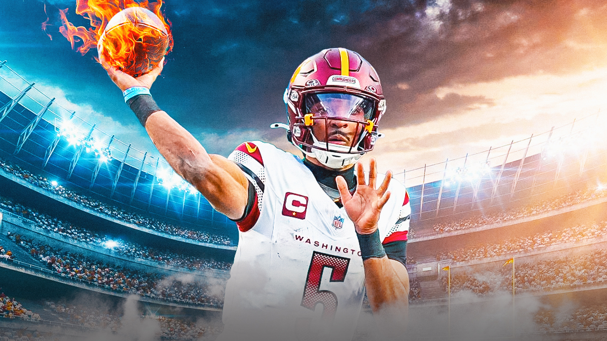 Jayden Daniels (Commanders) throwing a ball that is on fire