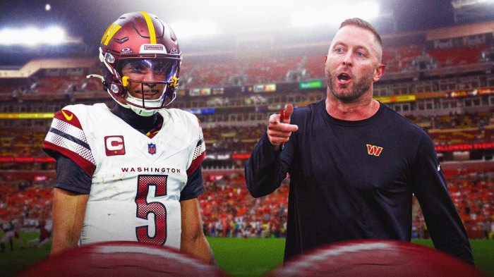 Jayden Daniels next to Kliff Kingsbury in front of the Commanders stadium.