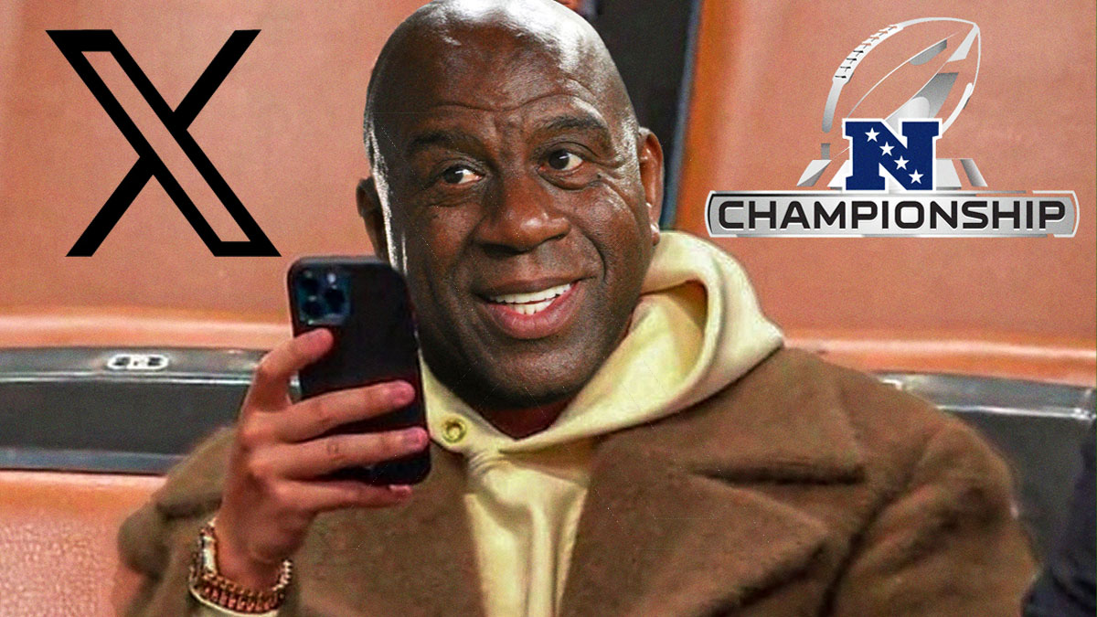 Commanders part-owner Magic Johnson holding phone with NFC Championship loog to his right and X, formerly known as Twitter, logo to his left.