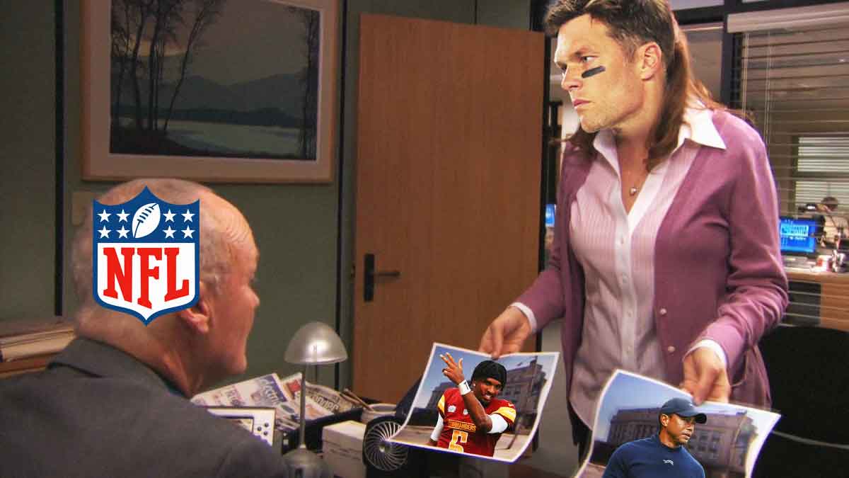 Tom Brady showing photos of Commanders QB Jayden Daniels and Tiger Woods to NFL logo.