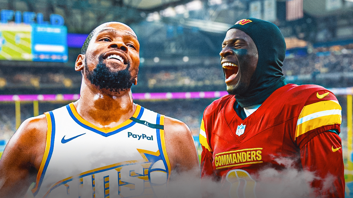 Kevin Durant and Commanders' Mikey Sainristil laughing and celebrating with Ford Field in the background.