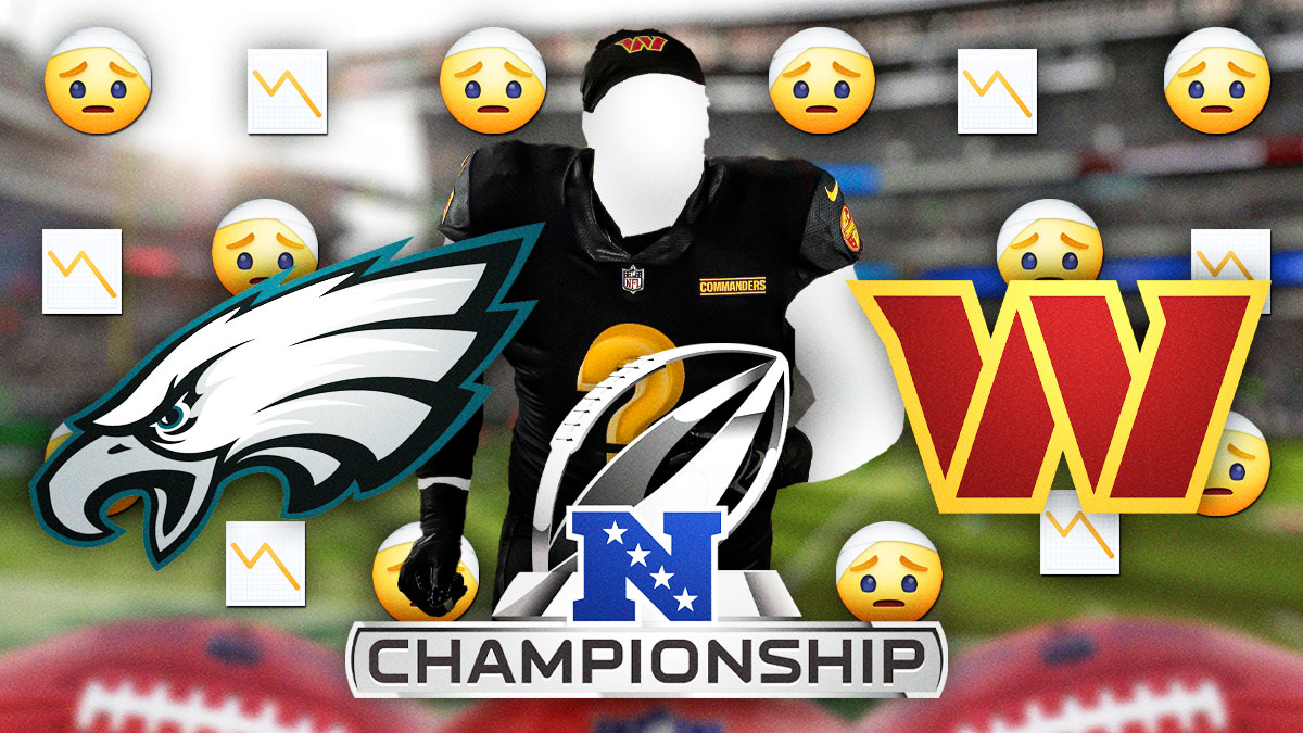 Commanders logo and Eagles logo in background with an NFC Championship logo in between. Silhouette of Commanders defensive tackle Daron Payne. Multiple 🤕 and 📉 emojis throughout entire background. Background is Lincoln Financial Field.
