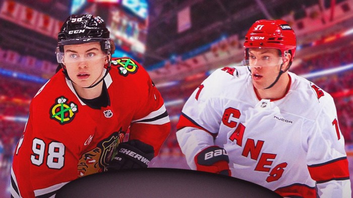 Blackhawks' Connor Bedard on the left, Taylor Hall in his new Hurricanes uniform on the right