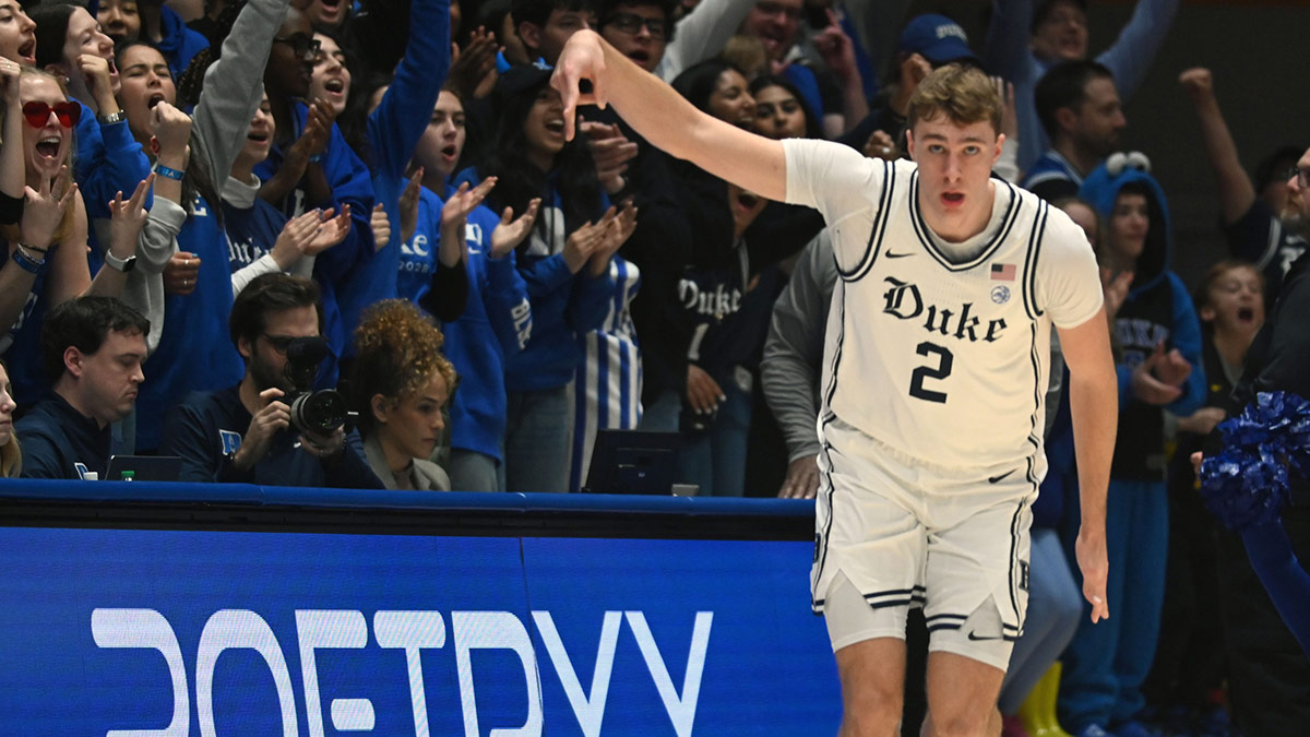 Duke Blue Devils forward Cooper Flagg (2) reacts to a 3-pointer during the first half against the Notre Dame Fighting Irish at Cameron Indoor Stadium.