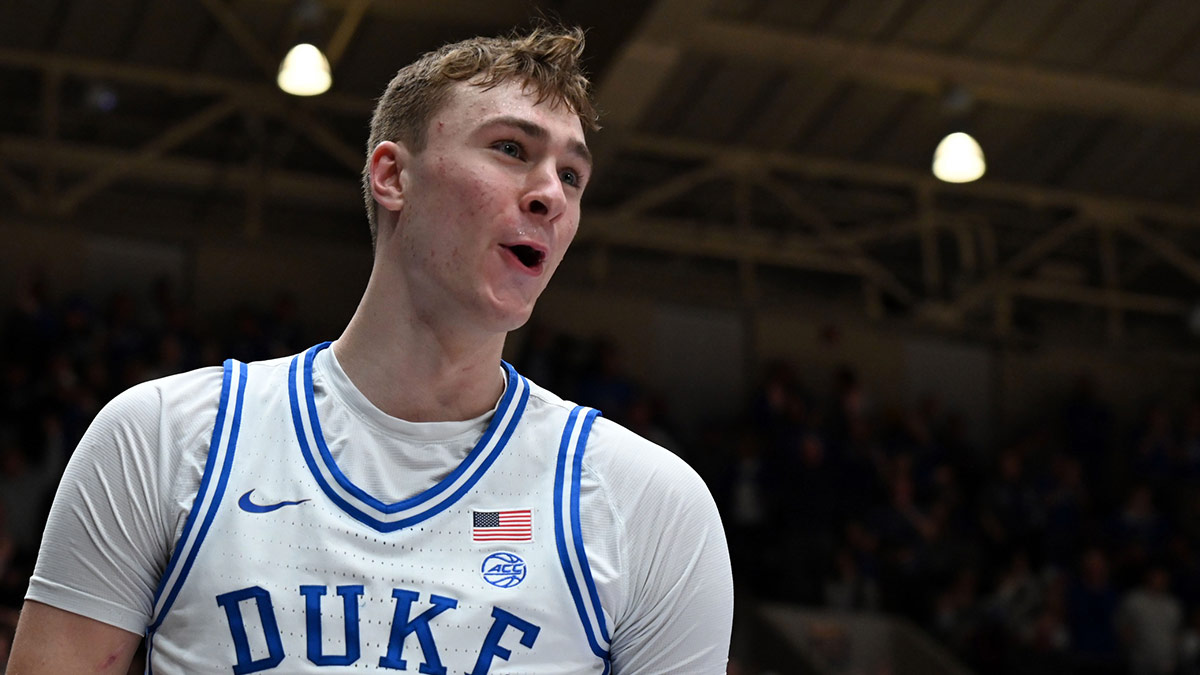 Duke Blue Devils forward Cooper Flagg (2) reacts during the second half against the Pitt Panthers at Cameron Indoor Stadium.