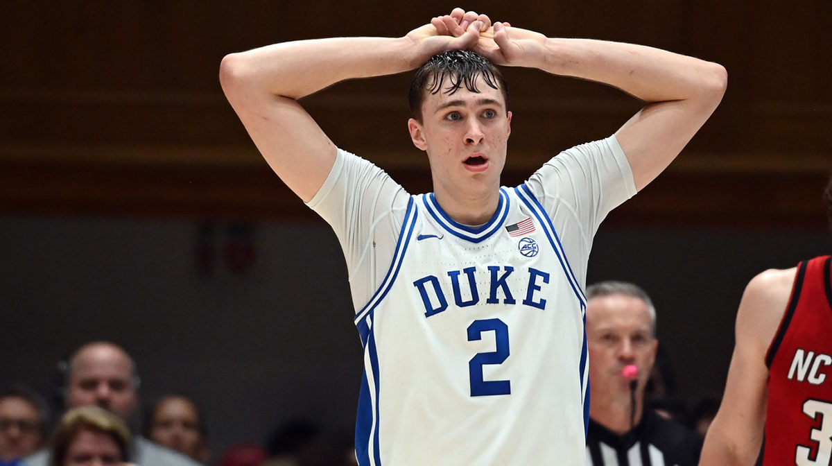 Duke Blue Devils forward Cooper Flagg (2) reacts during the second half against the North Carolina State Wolfpack at Cameron Indoor Stadium. The Blue Devils won 74-64.