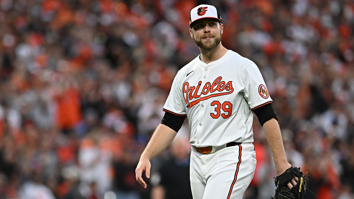 Baltimore Orioles pitcher Corbin Burns (39) is relieved in the ninth inning against the Kansas City Royals in Game 1 of the Wild Card Round of the 2024 MLB Playoffs at Oriole Park at Camden Yards.