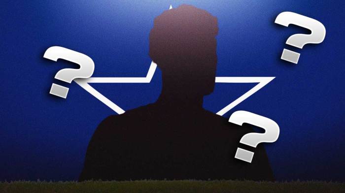 A silhouette of a person standing in the center, with the Cowboys logo in the background and question marks all around.