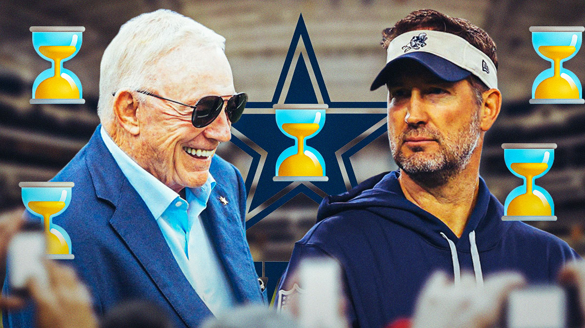 Dallas Cowboys owner Jerry Jones with football coach Brian Schottenheimer. They are surrounded by hourglass emojis (⌛). There is also a logo for the Dallas Cowboys.