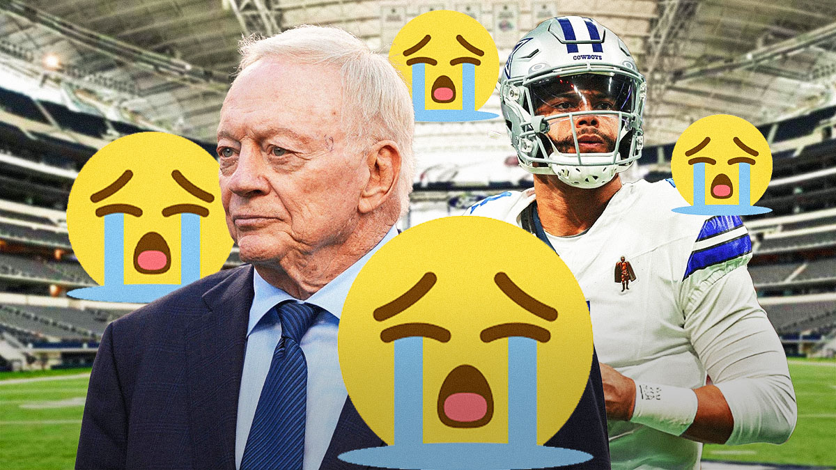 Cowboys' Dak Prescott and Jerry Jones with crying emojis over their face.