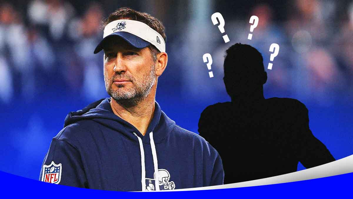 Dallas Cowboys head coach Brian Schottenheimer next to an unknown male silhouette surrounded by question marks.