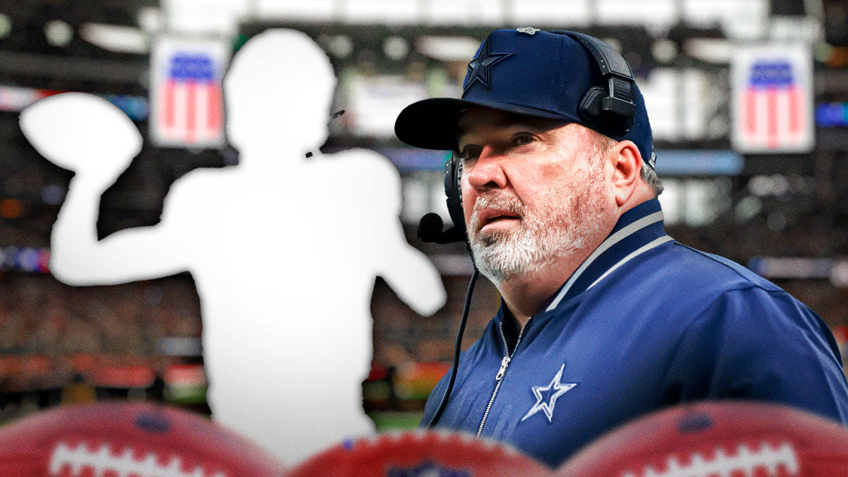 Cowboys Mike McCarthy with an outlined silhouette of a quarterback throwing a football