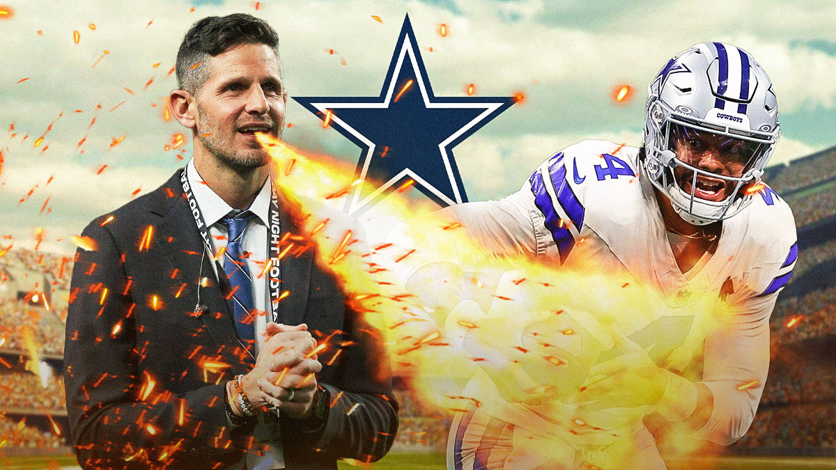 Image of Dan Orlovsky with fire coming out of his mouth next to an image of QB Dak Prescott. Cowboys logo in background