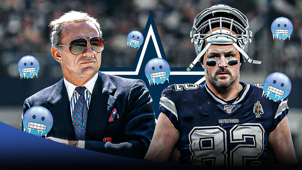 Jerry Jones, Jason Witten, Dalla Cowboys logo in background, cold symbols surrounding Jones and Witten