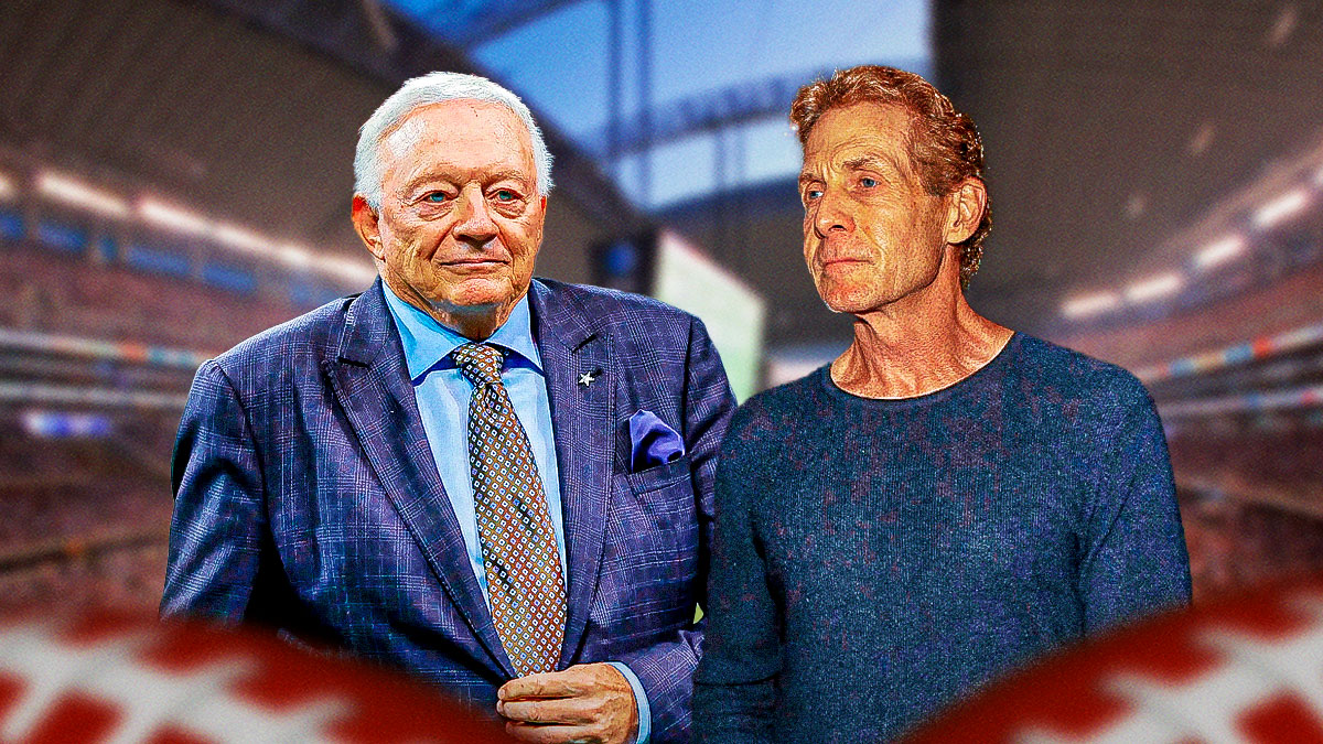 Skip Bayless looking angrily at Cowboys Jerry Jones over Pete Carroll snub