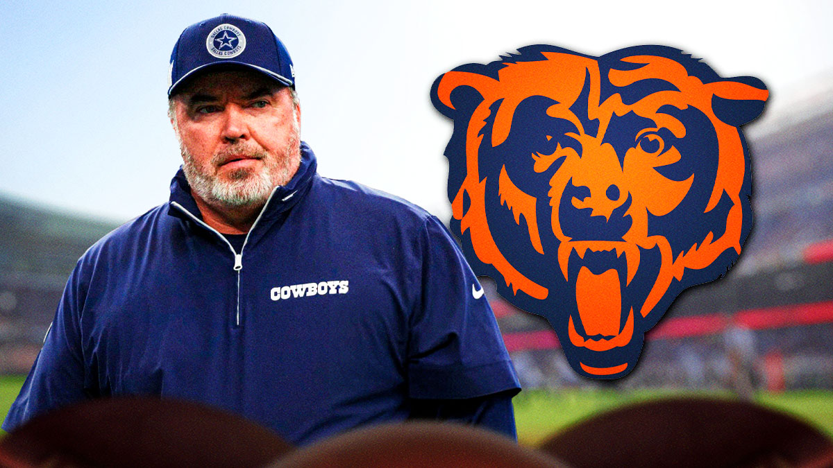 Photo: Mike McCarthy in Cowboys gear, Chicago Bears logo beside him