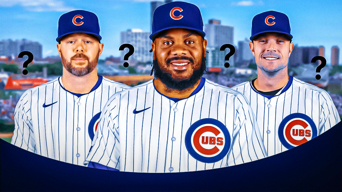 Kenley Jansen, Ryan Presley, and david robertson all in Cubs uniforms with a bunch of question marks around all of them