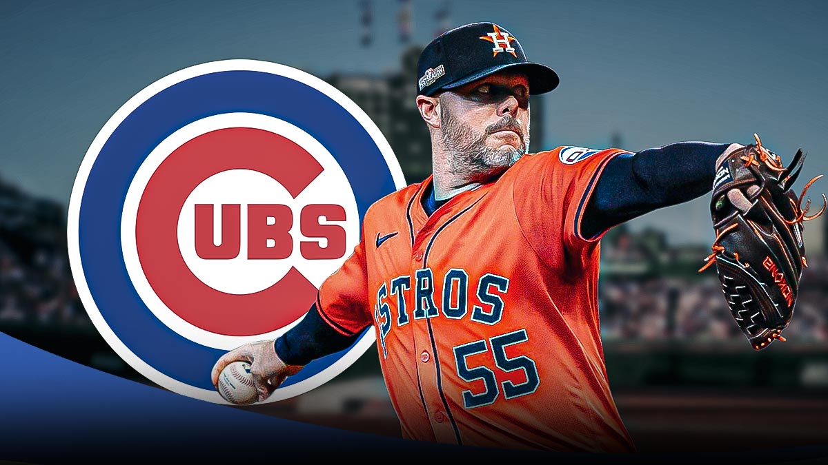 Ryan Pressly in a Astros jersey next to the Cubs logo with question marks around him in front of Minute Maid Park.