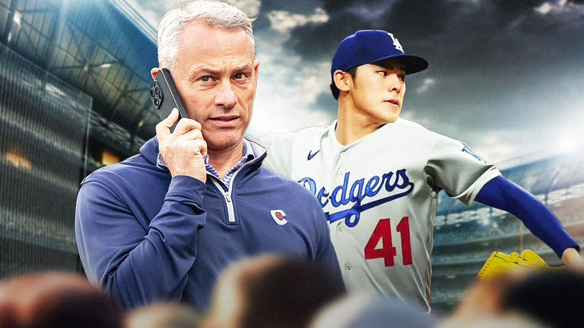 Cubs' Jed Hoyer looking sad, with Roki Sasaki in a Dodgers uniform beside him