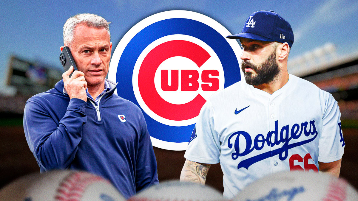 Jed Hoyer, Cubs logo. Tanner Scott in a Dodgers uniform.