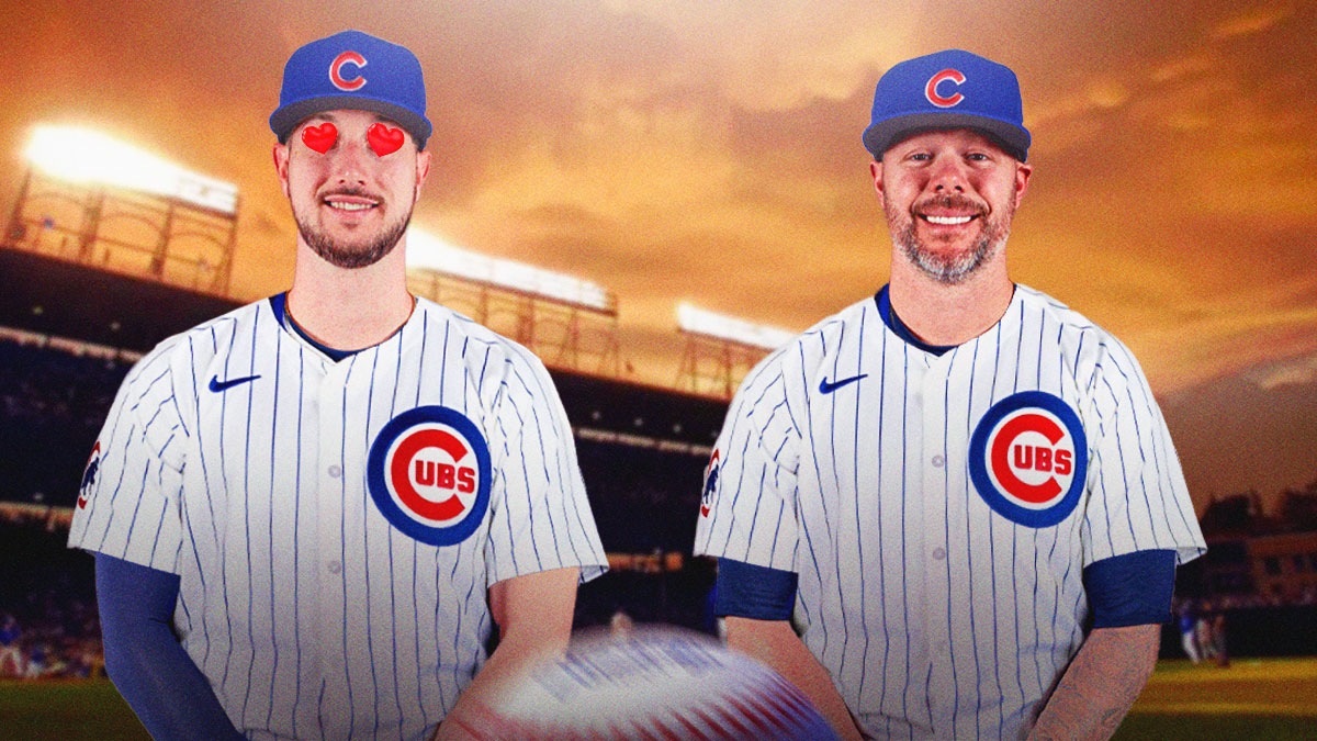 Kyle Tucker in a Cubs uniform with heart eyes looking at Ryan Pressly in a Cubs uniform.