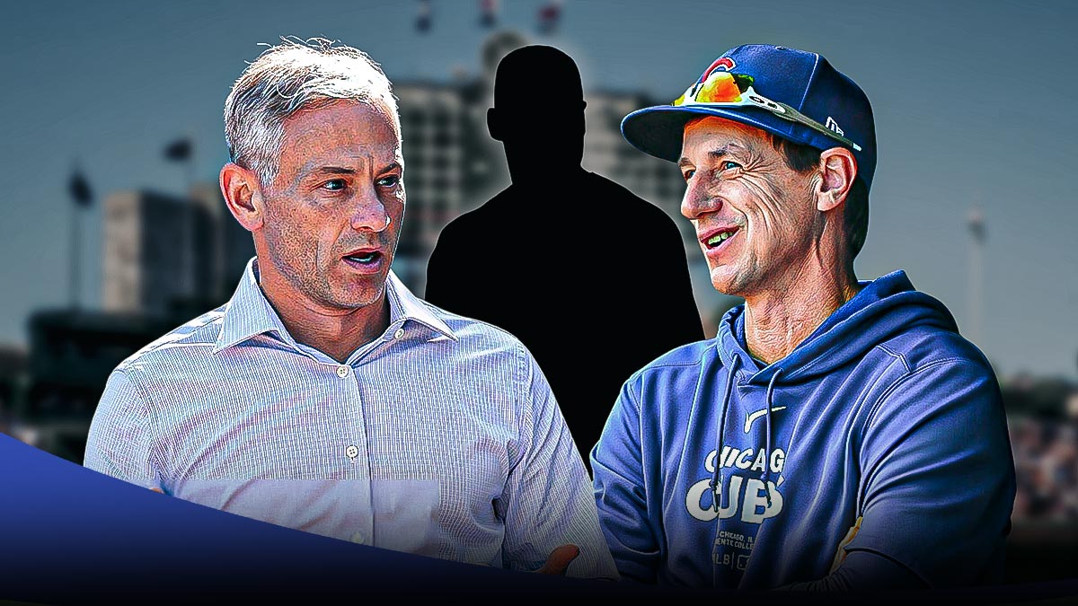 Chicago Cubs president of baseball operations Jed Hoyer talking and/or on phone on left side, Chicago Cubs manager Craig Counsell on right side, blank player silhouettes with question marks in center, Wrigley Field (home stadium of the Chicago Cubs) in background