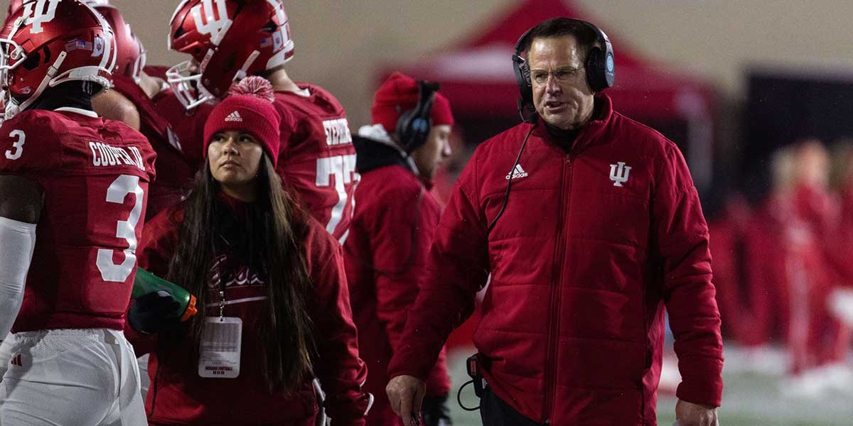 Nov 30, 2024; Bloomington, Indiana, USA; Indiana Hoosiers head coach Curt Cignetti in the first half against the Purdue Boilermakers at Memorial Stadium. Mandatory Credit: Trevor Ruszkowski-Imagn Images