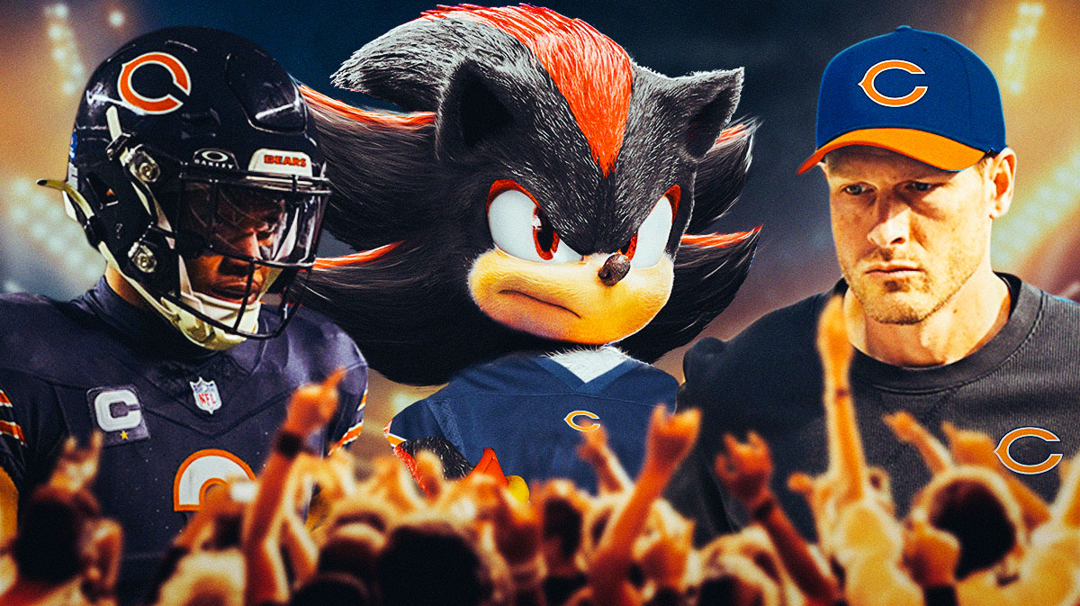 Shadow the Hedgehog in a Chicago Bears jersey standing in between Ben Johnson and DJ Moore.