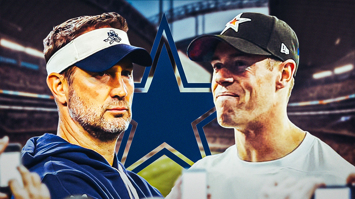 Dallas Cowboys head coach Brian Schottenheimer next to QBs coach Scott Tolzien. There is also a logo for the Dallas Cowboys.