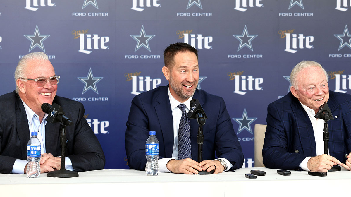 Dallas Cowboys CEO Stephen Jones, Chief Coach Brian Schottenheimer and the owner Jerry Jones speak with the media at a press conference on the star.