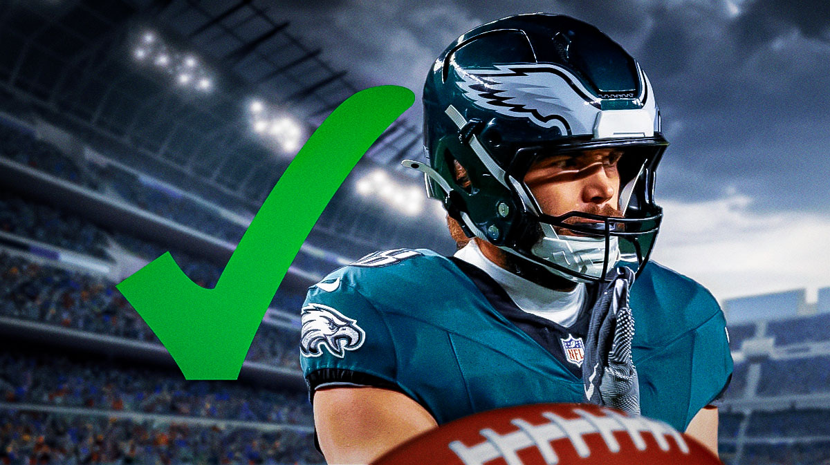Eagles tight end Dallas Goedert smiling, with a green checkmark next to him.