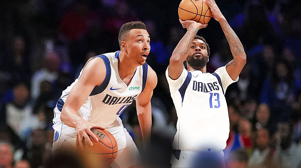 Mavericks Dante Exum dribbling a basketball on left, Mavericks Naji Marshall shooting a basketball on right.