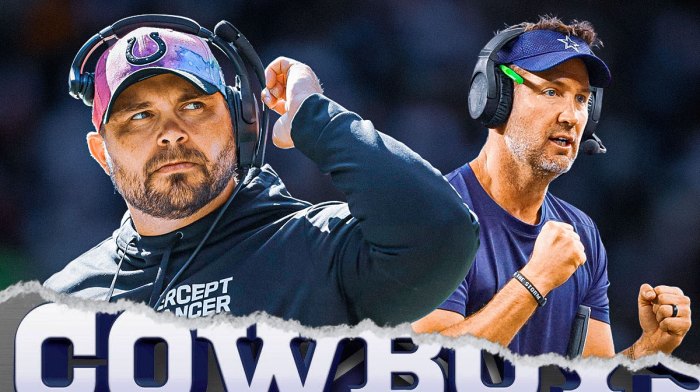 Brian Schottenheimer next to Klayton Adams with the Cowboys Stadium as the background.