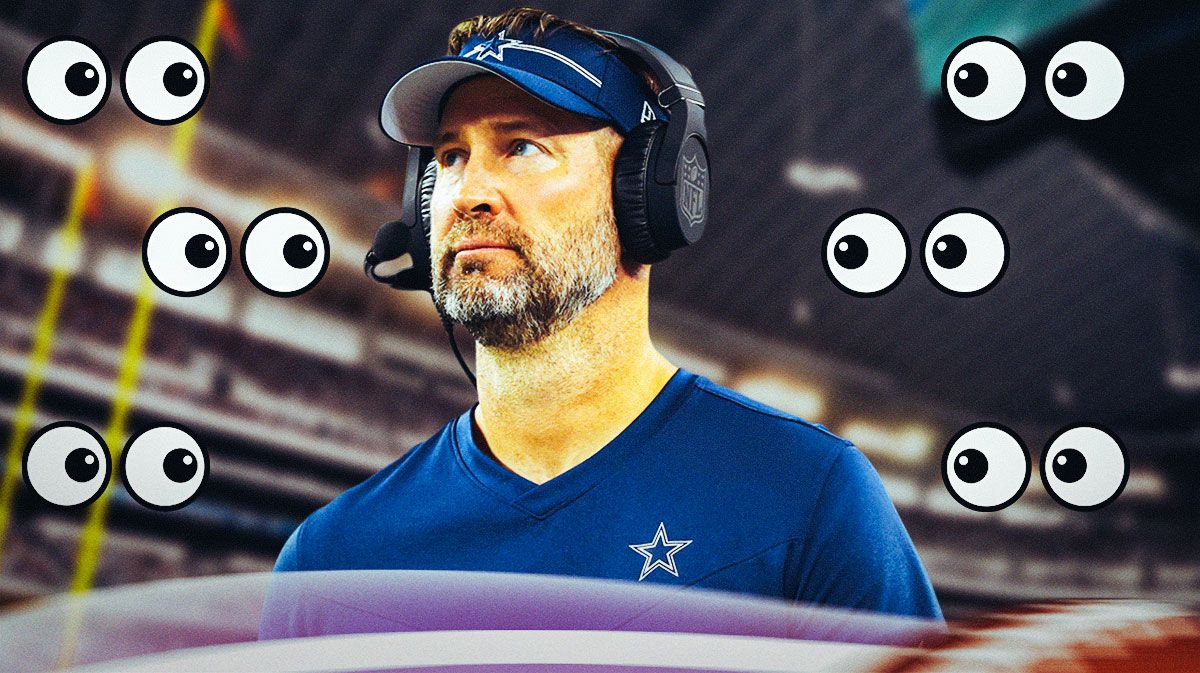 Brian Schottenheimer in Cowboys coaching gear with eye emojis around the picture.
