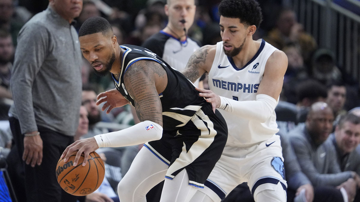 Milvaukee Bucks Guard Damian Lillard (0) Driblible Ball vs. Memphis Grizzlies Guard Scotti Pippen Jr. (1) In the second half at the Fiserv Forum.