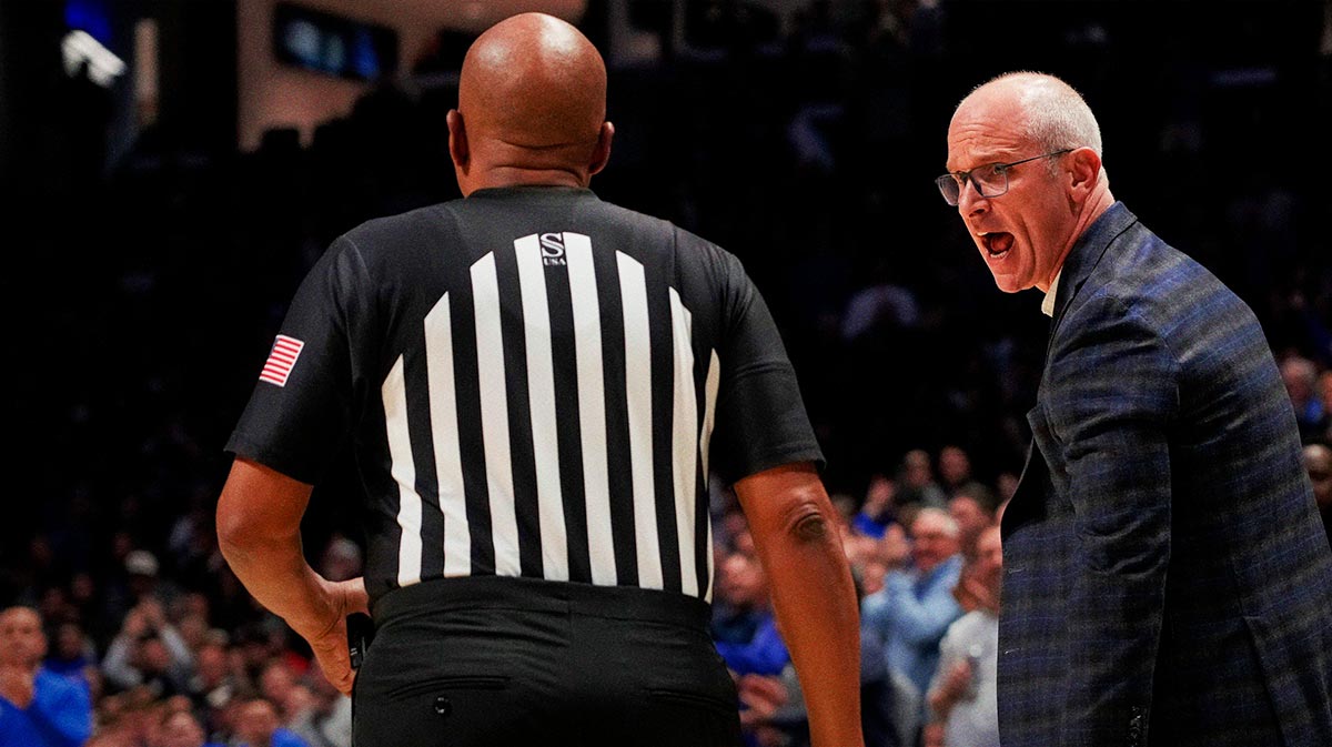 Connecticut Huskies head coach Dan Hurley shouts at a referee in the first half of the NCAA Big East Conference basketball game between the Xavier Musketeers and the Connecticut Huskies at the Cintas Center in Cincinnati on Saturday, Jan. 25, 2025. The Huskies led 41-40 at halftime.