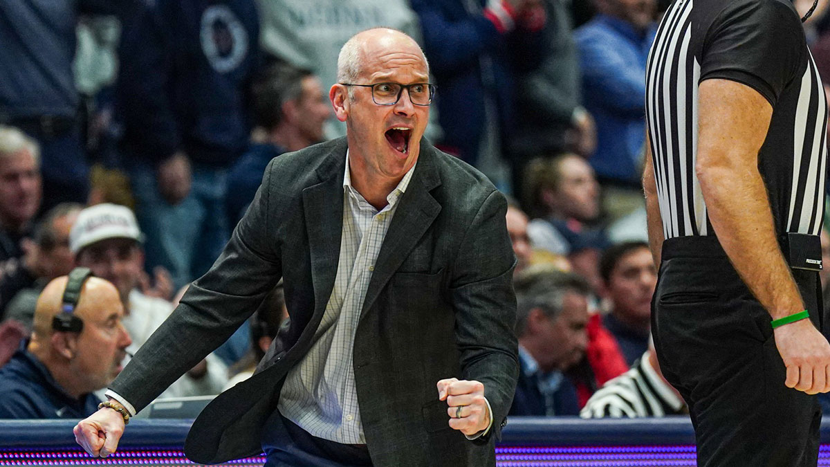 Jan 21, 2025; Storrs, Connecticut, USA; UConn Huskies head coach Dan Hurley watches from the sideline as they take on the Butler Bulldogs at Harry A. Gampel Pavilion. Mandatory Credit: David Butler II-Imagn Images