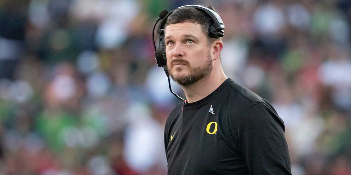 Oregon head coach Dan Lanning looks to the clock towards the end of the first half as the Oregon Ducks face the Ohio State Buckeyes Wednesday, Jan. 1, 2025, in the quarterfinal of the College Football Playoff at the Rose Bowl in Pasadena, Calif.