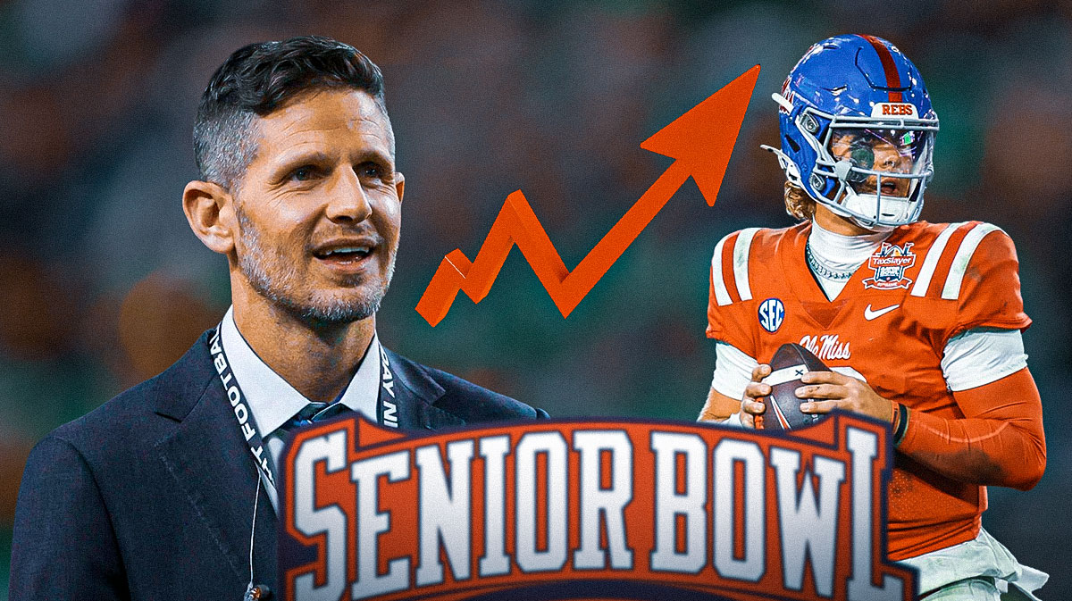Dan Orlovsky next to Jaxson Dart with a stock arrow pointed up between them in front of the Senior Bowl logo.