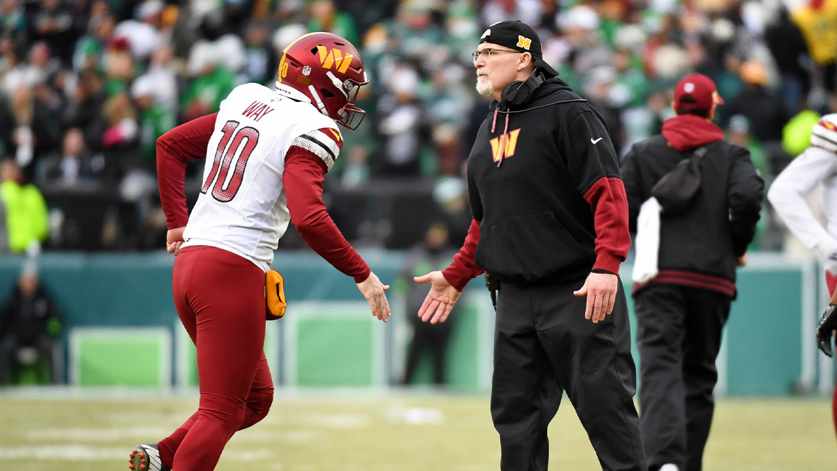 Washington Commander Punter Tress Wai (10) High Fives Chief Coach Dan Quinn During the first half in the NFC game in the Lincoln's financial field. 