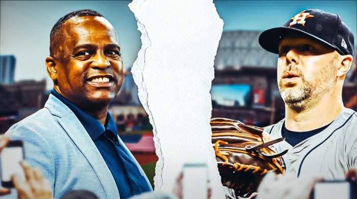 Dana Brown and Ryan Pressly with a rip/tear graphic between them showing fractured relationship. Minute Maid Park background.