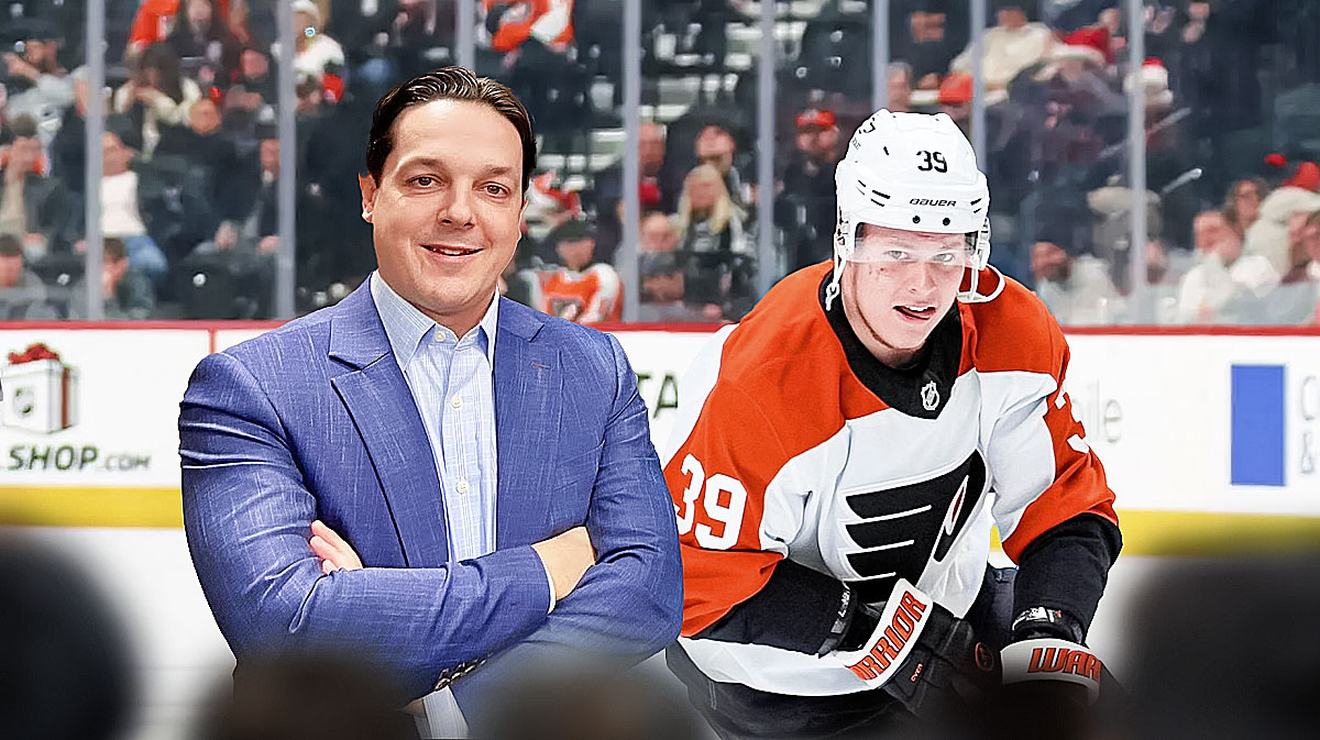 Flyers GM Daniel Briere and rookie Matvei Michkov inside Wells Fargo Center