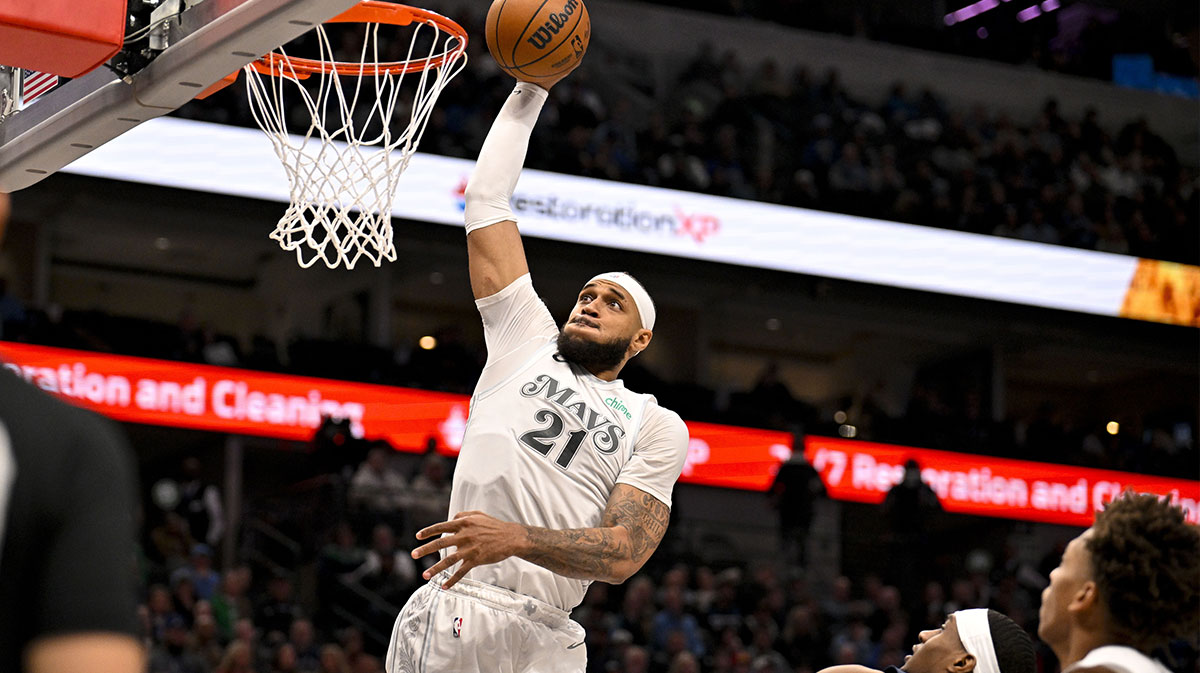 Dallas Mavericks center Daniel Gafford (21) dunks the ball against the Minnesota Timberwolves during the second half at the American Airlines Center.