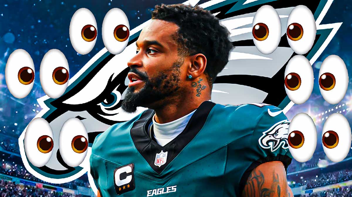 Darius Slay, Philadelphia Eagles logo, eyes symbols surrounding Slay